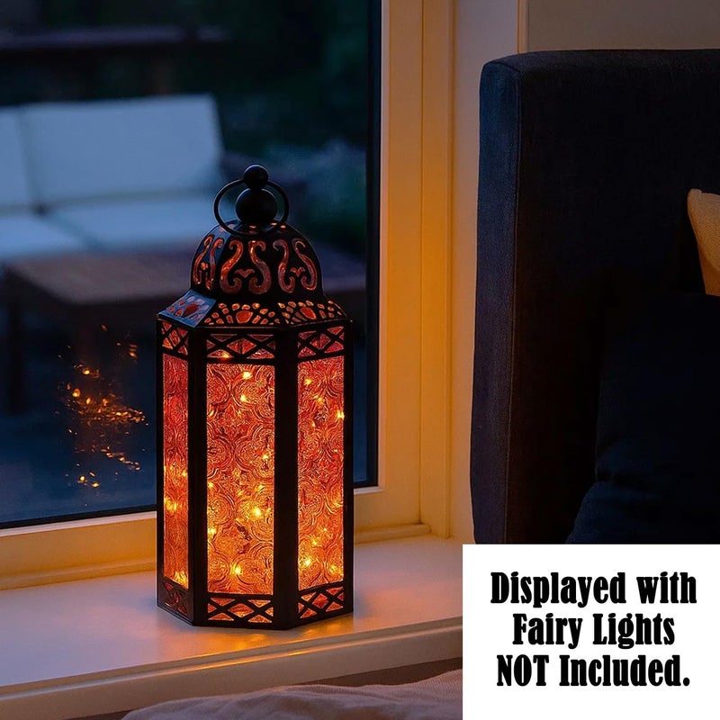 VELA LANTERNS 10.5" Halloween Candle Lantern Decorative Holder Lamp for Table or Hanging, Ramadan and Moroccan Decorations, Outdoor Patio or Porch, Weddings, Black Metal, Amber/Orange Glass, Medium - Image 3