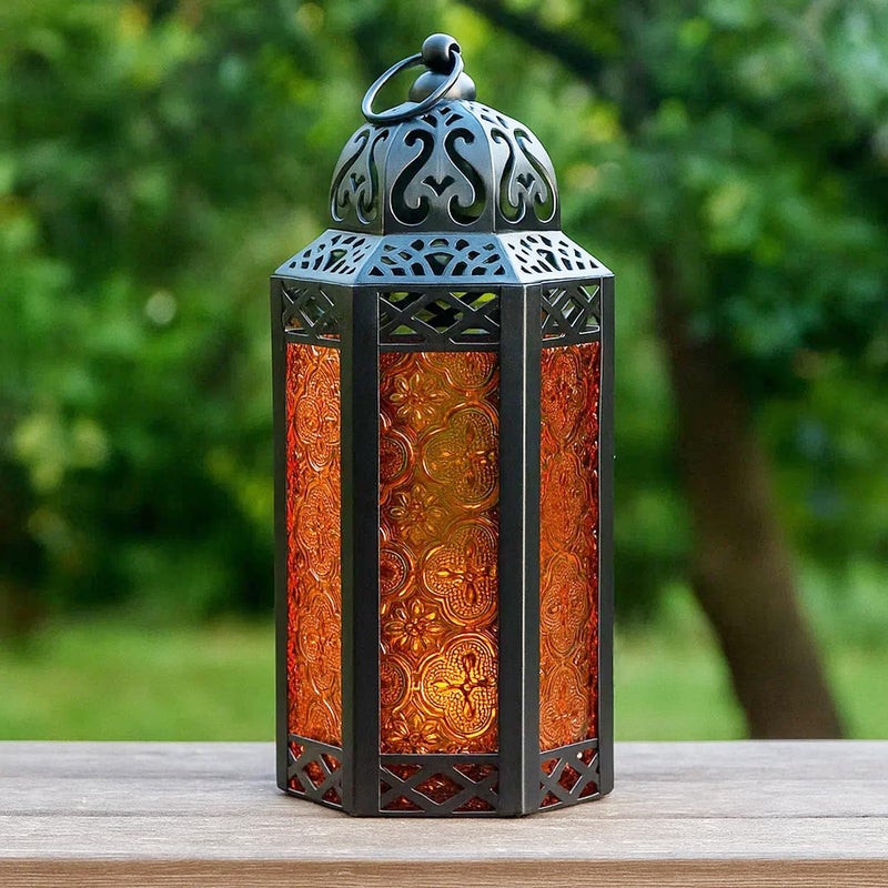 VELA LANTERNS 10.5" Halloween Candle Lantern Decorative Holder Lamp for Table or Hanging, Ramadan and Moroccan Decorations, Outdoor Patio or Porch, Weddings, Black Metal, Amber/Orange Glass, Medium - Image 2