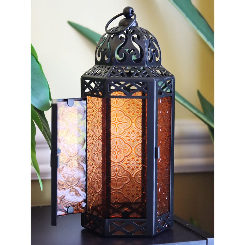 VELA LANTERNS 10.5" Halloween Candle Lantern Decorative Holder Lamp for Table or Hanging, Ramadan and Moroccan Decorations, Outdoor Patio or Porch, Weddings, Black Metal, Amber/Orange Glass, Medium - Image 5