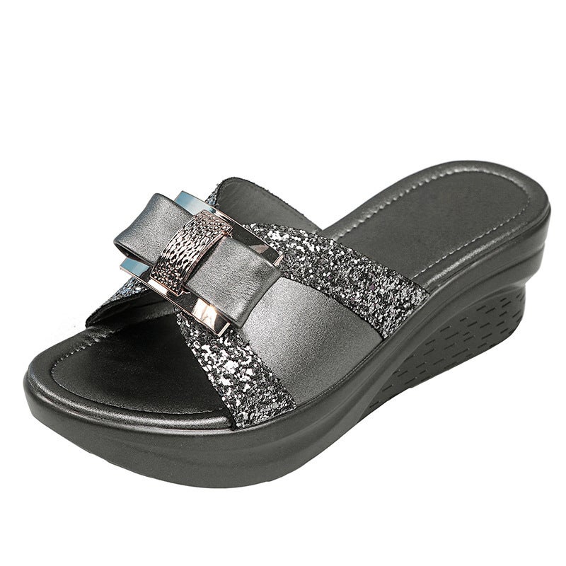 Thick Sole Bow Women Slippers Grey 