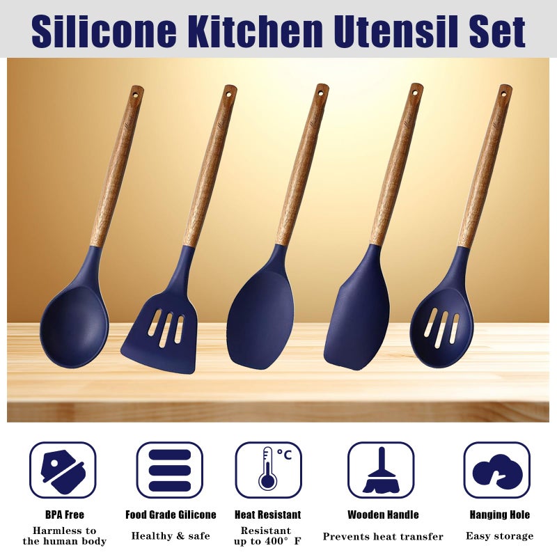Miusco Non-Stick Silicone Kitchen Utensils Set with Natural Acacia Hard Wood Handle, 5 Piece, Midnight Blue, BPA Free, Baking & Serving Silicone Cooking Utensils - Image 2