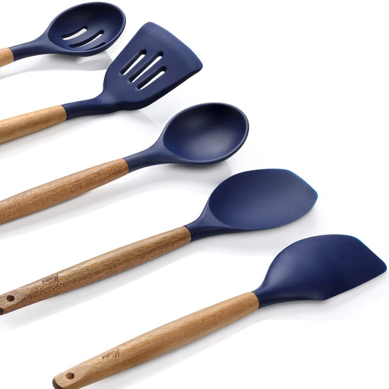 Miusco Non-Stick Silicone Kitchen Utensils Set with Natural Acacia Hard Wood Handle, 5 Piece, Midnight Blue, BPA Free, Baking & Serving Silicone Cooking Utensils - Image 5