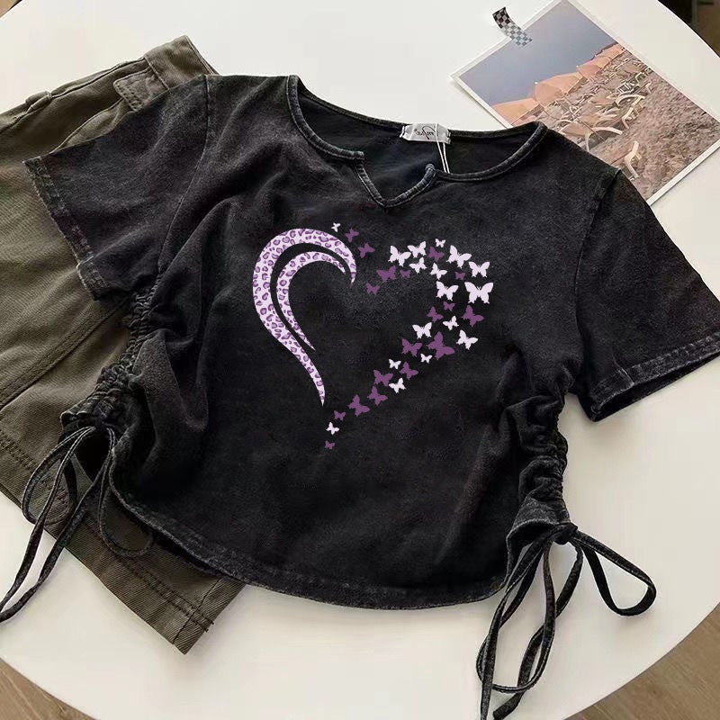 Drawstring Design Love Short Washed Black Old Short-Sleeved T-Shirt Women'S Summer Ins Korean-Style All-Match Niche Top - Image 4