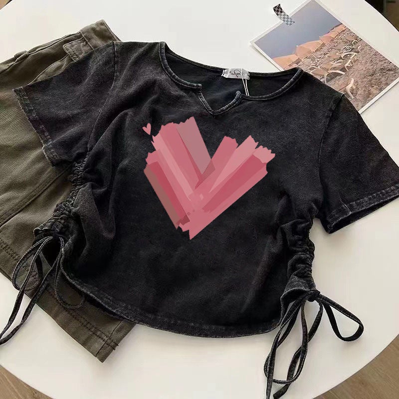 Drawstring Design Love Short Washed Black Old Short-Sleeved T-Shirt Women'S Summer Ins Korean-Style All-Match Niche Top - Image 1
