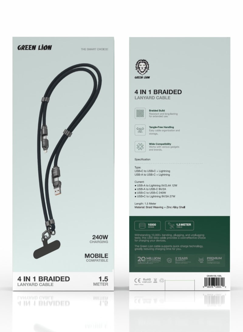 GREEN LION 4 In 1 Braided 240W Lanyard Cable 1.5 Meter with 480 Mbps Transfer Speed & Tangle-Free Handling / Wide Compatibility / Charge & Sync / Secure & Safe / Mobile Compatible / 10000 Bends - Image 2