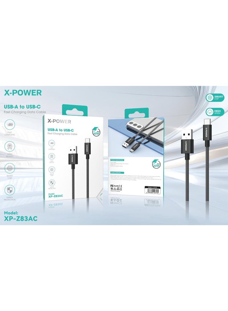 X-POWER XP-Z83AC | كابل شحن سريع 60 واط من USB-A إلى USB-C مع شريحة ذكية وحماية أمان