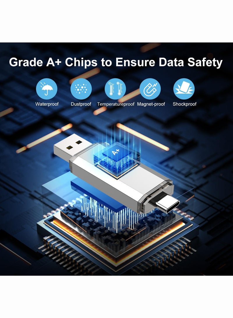 محرك أقراص فلاش USB C سعة 64 جيجابايت، 2 في 1 USB 3.0 Type C Dual OTG محرك أقراص معدني للإبهام مع سلسلة مفاتيح مناسب للهواتف الذكية USB-C وأجهزة MacBook وأجهزة الكمبيوتر والأجهزة اللوحية (فضي) - Image 5