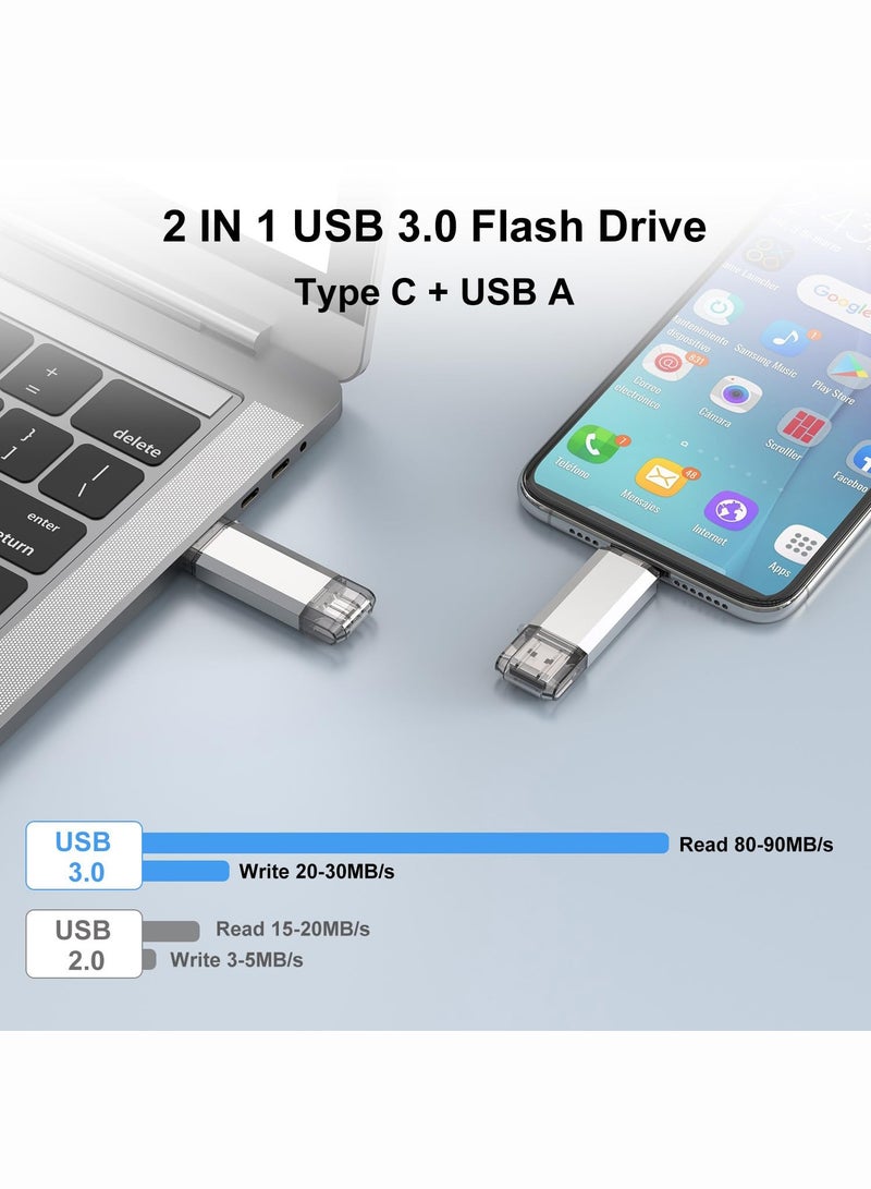 محرك أقراص فلاش USB C سعة 64 جيجابايت، 2 في 1 USB 3.0 Type C Dual OTG محرك أقراص معدني للإبهام مع سلسلة مفاتيح مناسب للهواتف الذكية USB-C وأجهزة MacBook وأجهزة الكمبيوتر والأجهزة اللوحية (فضي) - Image 3
