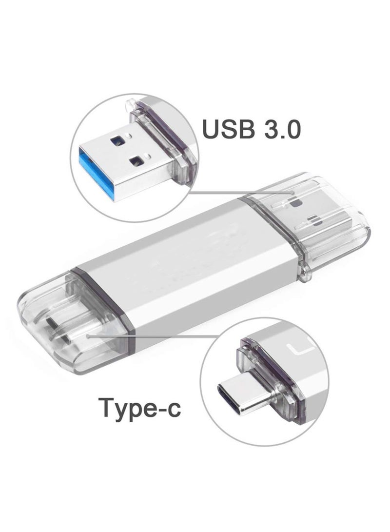 محرك أقراص فلاش USB C سعة 64 جيجابايت، 2 في 1 USB 3.0 Type C Dual OTG محرك أقراص معدني للإبهام مع سلسلة مفاتيح مناسب للهواتف الذكية USB-C وأجهزة MacBook وأجهزة الكمبيوتر والأجهزة اللوحية (فضي) - Image 1
