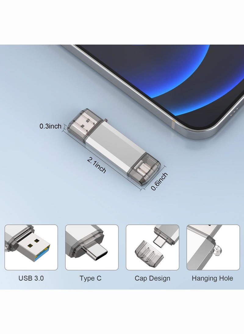 محرك أقراص فلاش USB C سعة 64 جيجابايت، 2 في 1 USB 3.0 Type C Dual OTG محرك أقراص معدني للإبهام مع سلسلة مفاتيح مناسب للهواتف الذكية USB-C وأجهزة MacBook وأجهزة الكمبيوتر والأجهزة اللوحية (فضي) - Image 2
