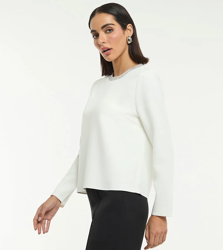 بي سي بي جي BCBG EMBELLISHED NECK SHORT SLEEVES CREPE BLOUSE