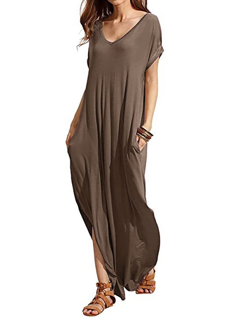 Match Women's V-Neck Casual Loose Short Sleeve Long T-Shirt Dress Split Maxi Dress with Side Pocket (152 Khaki, M) - Image 1