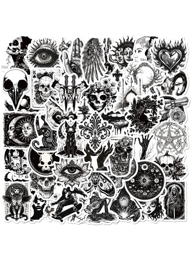 Bluejw 50 Pieces Creative Retro Black And White Gothic Style Stickers Waterproof Skull Punk Style Luggage Graffiti Decorative Stickers - Image 1