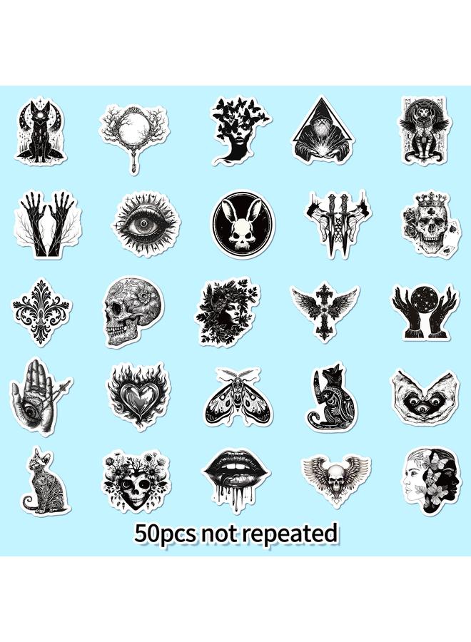 Bluejw 50 Pieces Creative Retro Black And White Gothic Style Stickers Waterproof Skull Punk Style Luggage Graffiti Decorative Stickers - Image 4