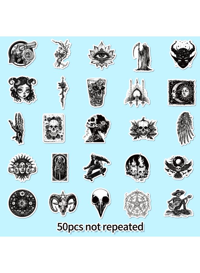 Bluejw 50 Pieces Creative Retro Black And White Gothic Style Stickers Waterproof Skull Punk Style Luggage Graffiti Decorative Stickers - Image 5