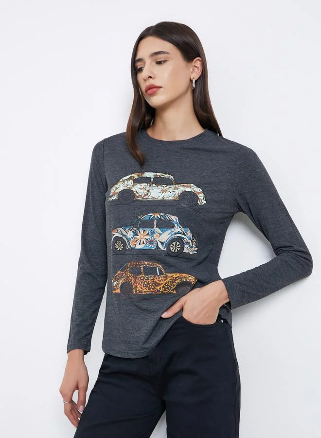Take Two Take Two Grey Vintage Car Graphic Print T-Shirt