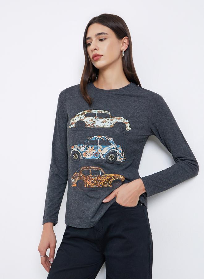Take Two Grey Vintage Car Graphic Print T-Shirt - Image 1