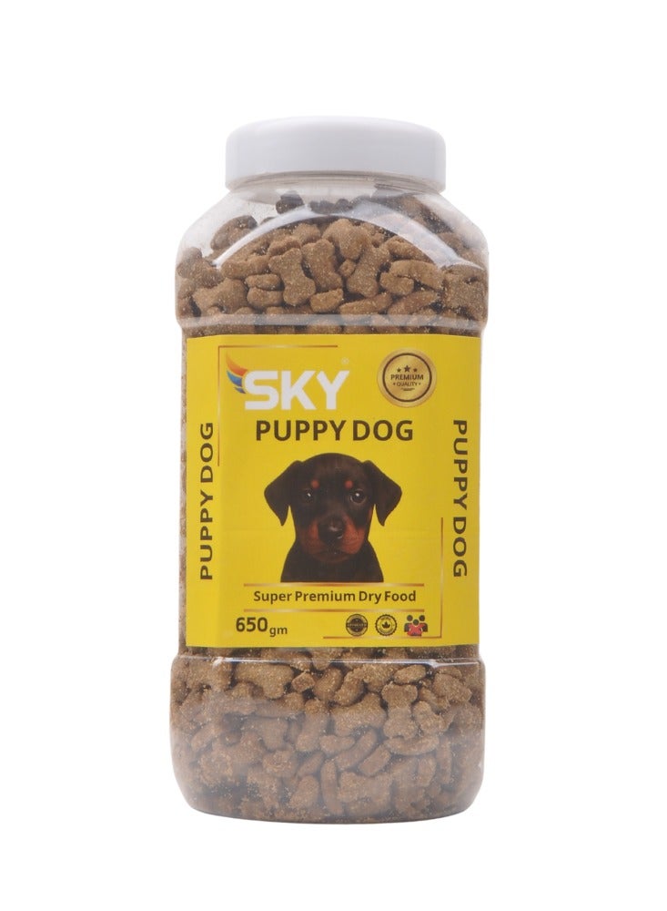 سكاي طعام جراء جاف من سكاي 650 جرام - دراي فود سوبر بريميوم للنمو المتكامل، تركيبة غنية بالبروتين والكالسيوم لبناء مناعة وعظام قوية