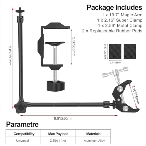YUGAM Magic Articulating Arm, Universal 1/4" Camera Mount with Crab Clamp, Adjustable Multi-Angle Positioning, Black (21" Magic Arm with Crab Holder) - Image 3