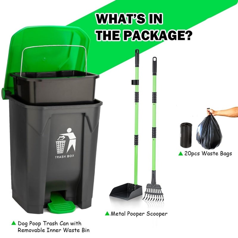 MXF Pooper Scooper Set - 28" Dog Pooper Scooper & Long Handle Stainless Metal Tray&Rake, 15 Litre Step Dog Poop Trash Can w/Removable Inner Bucket, 20 Waste Bags for Outdoors - Image 2