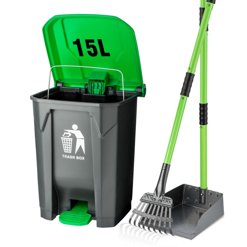 MXF Pooper Scooper Set - 28" Dog Pooper Scooper & Long Handle Stainless Metal Tray&Rake, 15 Litre Step Dog Poop Trash Can w/Removable Inner Bucket, 20 Waste Bags for Outdoors - Image 1