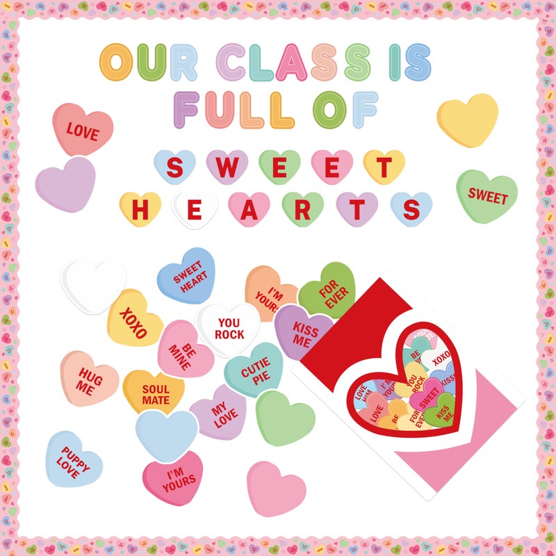 CPicdn 125Pcs Valentine’s Day Conversation Heart Bulletin Board Classroom Decoration Sweet Candy Heart Cutouts Name Tags Border Trim Valentines Party Supplies School Classroom Wall Door Decor - Image 1