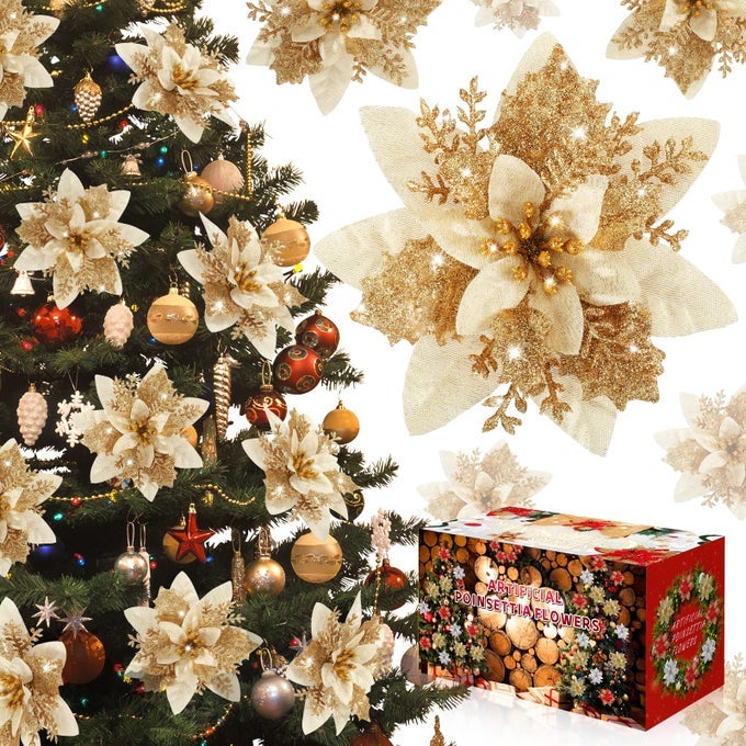 Poinsettia Christmas Decorations Flowers 12Pcs Artificial Red Gold Poinsettia Christmas Tree Ornaments Glittery for Xmas New Year Wedding Party Wreath DIY Garland Decor Gold