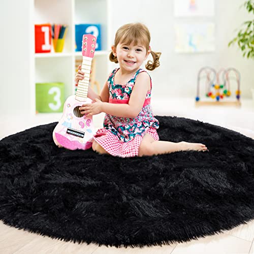 junovo Round Rug 6x6 Feet Fluffy Soft Area Rugs for Kids Girls Room Princess Castle Plush Shaggy Carpet Cute Circle Nursery Rug for Kids Teen's Bedroom Home Decor Large Circular Carpet, Black - Image 2
