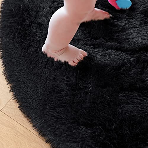 junovo Round Rug 6x6 Feet Fluffy Soft Area Rugs for Kids Girls Room Princess Castle Plush Shaggy Carpet Cute Circle Nursery Rug for Kids Teen's Bedroom Home Decor Large Circular Carpet, Black - Image 5