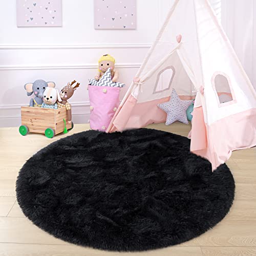 junovo Round Rug 6x6 Feet Fluffy Soft Area Rugs for Kids Girls Room Princess Castle Plush Shaggy Carpet Cute Circle Nursery Rug for Kids Teen's Bedroom Home Decor Large Circular Carpet, Black - Image 3