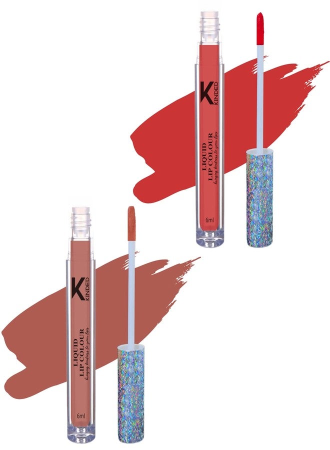 KINDED Liquid Lip Colour Vitamin E Enriched No Transfer Waterproof Long Stay Lipsticks Lip Gloss Set for Girls Women (Pack of 2, 6 ml each, Matte Finish, Shades Vermilion Red & Rust Crust) - Image 1
