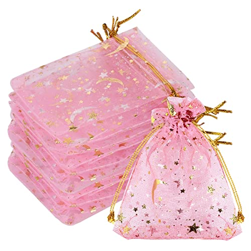 SUMAJU 100 Pieces Moon Star Organza Jewelry Candy Bags 27x35 Inch Sheer Pink Organza Pouch Small Gift Bags with Drawstring for Valentines Day Wedding Baby Shower Birthday Party Favors - Image 2