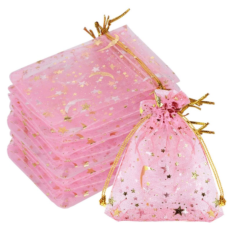 SUMAJU 100 Pieces Moon Star Organza Jewelry Candy Bags 27x35 Inch Sheer Pink Organza Pouch Small Gift Bags with Drawstring for Valentines Day Wedding Baby Shower Birthday Party Favors - Image 3