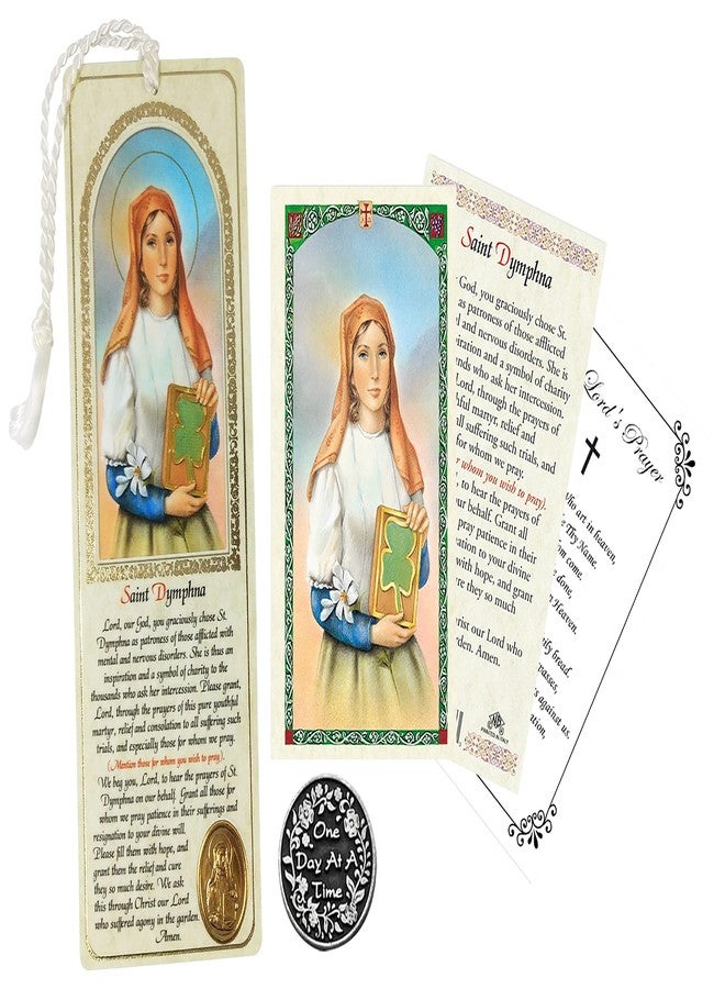 Trendzeen St Dymphna Prayer Card - with Book Mark, One Day at A Time Pocket Token Coin, The Lord's Prayer | Catholic Patron Saint of Anxiety, Emotional Disorders, Stress, Mental Problems | 4 Items in Set - Image 1