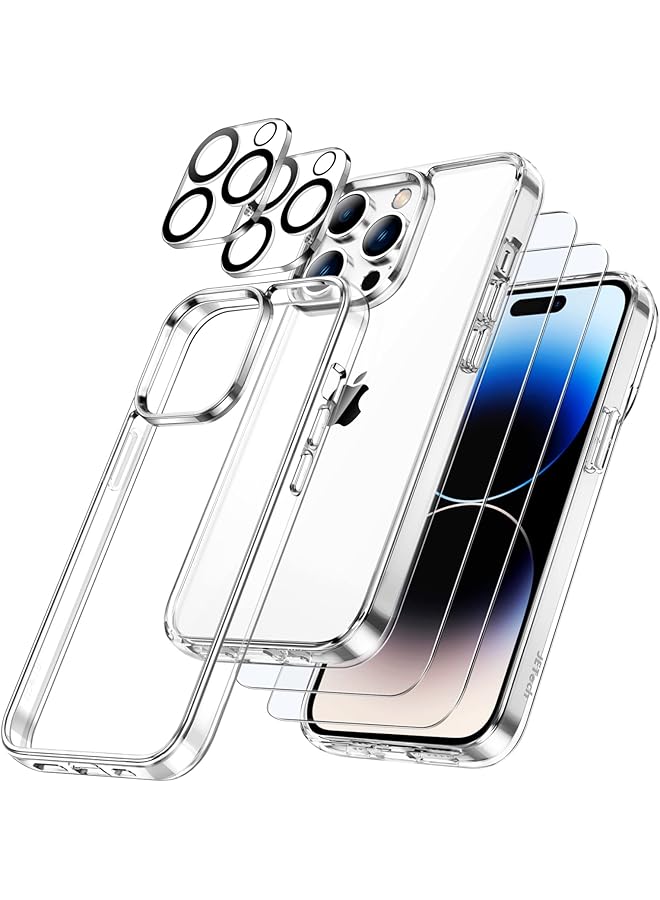 جي تيك جراب 3 في 1 لهاتف Iphone 14 Pro مقاس 6.1 بوصة مع قطعتين من واقي الشاشة وقطعتين من واقي عدسة الكاميرا بتغطية كاملة من الزجاج المقوى المقاوم للصدمات وغطاء هاتف شفاف - Image 1