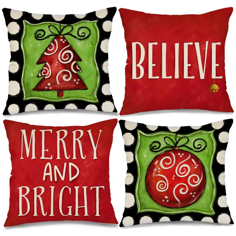 GEEORY Christmas Pillow Covers 18x18 Set of 4 for Christmas Decorations Merry and Bright Believe Christmas Tree Christmas Pillows Winter Holiday Throw Pillows Christmas Farmhouse Decor for Couch