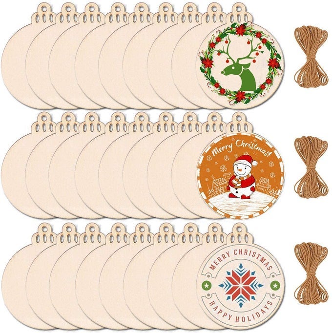 60PCS 35 DIY WOODEN CHRISTMAS ORNAMENTS UNFINISHED PREDRILLED WOOD SLICES CIRCLES FOR CRAFTS ROUND CENTERPIECES DISCS HOLIDAY HANGING DECORATIONS