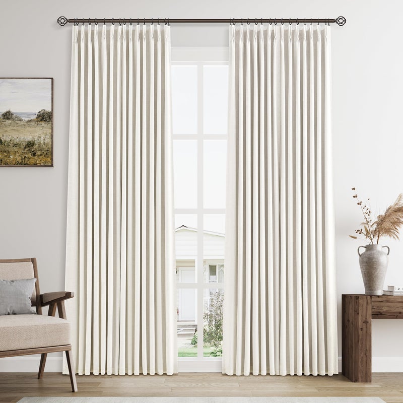 Naturoom Natural Pinch Pleated Linen 100% Blackout Curtains 84 Inches Long 2 Panels for Bedroom Living Room Darkening Thermal Insulated Cream Drapes Boho Neutral Back Tab Pinch Pleat Lined Window Curtain 7Ft - Image 1