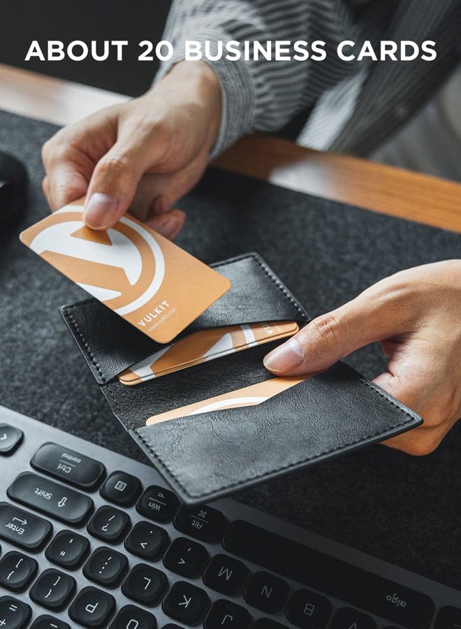 VULKIT Leather Business Card Holder 2 Sided Slim Business Name Card Organizer for Men or Women, Up to hold 20 cards(Vintage Black) - Image 4