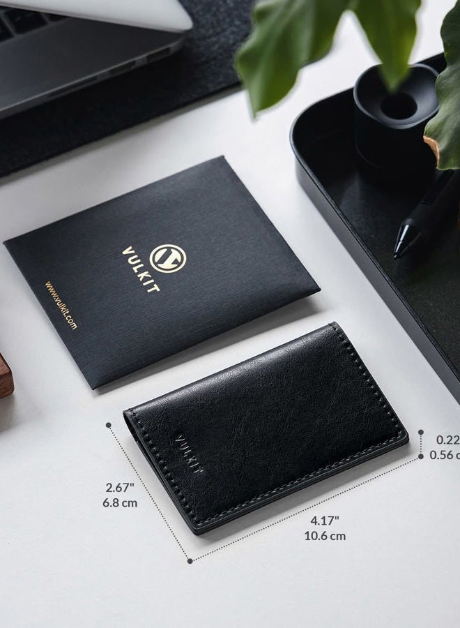 VULKIT Leather Business Card Holder 2 Sided Slim Business Name Card Organizer for Men or Women, Up to hold 20 cards(Vintage Black) - Image 2