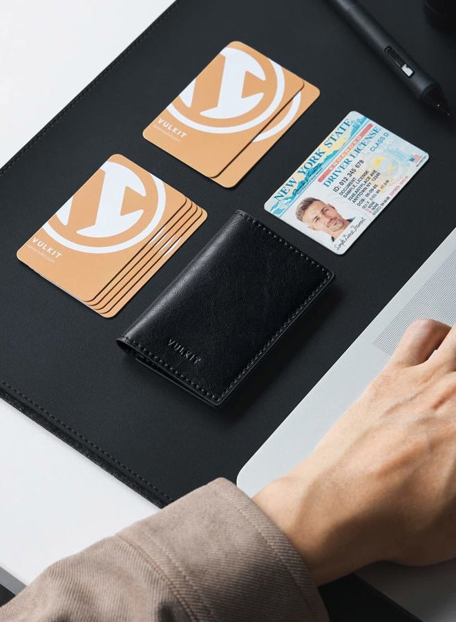 VULKIT Leather Business Card Holder 2 Sided Slim Business Name Card Organizer for Men or Women, Up to hold 20 cards(Vintage Black) - Image 5