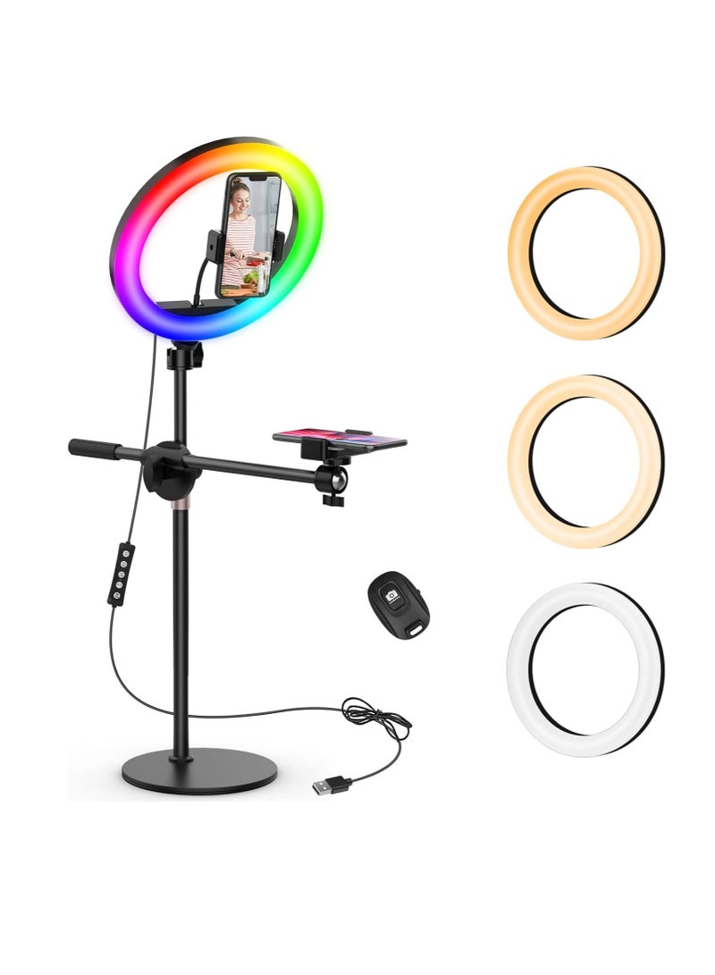 "Selfie Ring Light with Stand & 2 Phone Holders, Top Camera Holder for iPhone | 10.5-inch RGB Ring Light with Tripod Stand & Remote Control for Video Recording, Computer Lighting, Video Conferencing & Zoom"  - Image 1