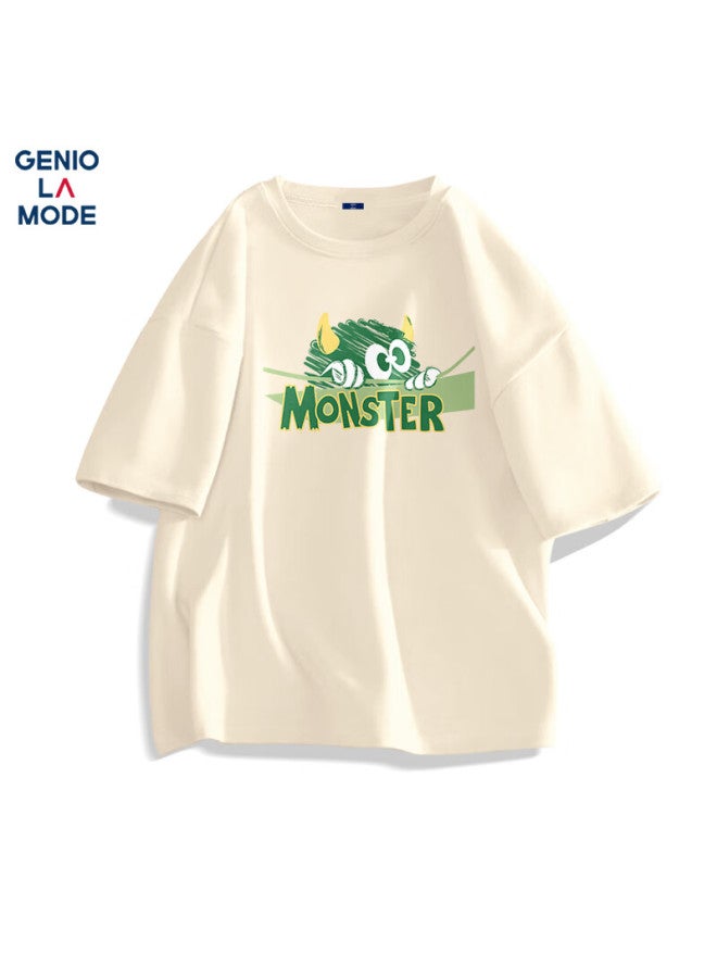 Geniolamode Men's Summer Cotton Loose Casual Simple Round Neck Printed Youth All-match Short Sleeve Men's T-shirt Light Beige L - Image 1