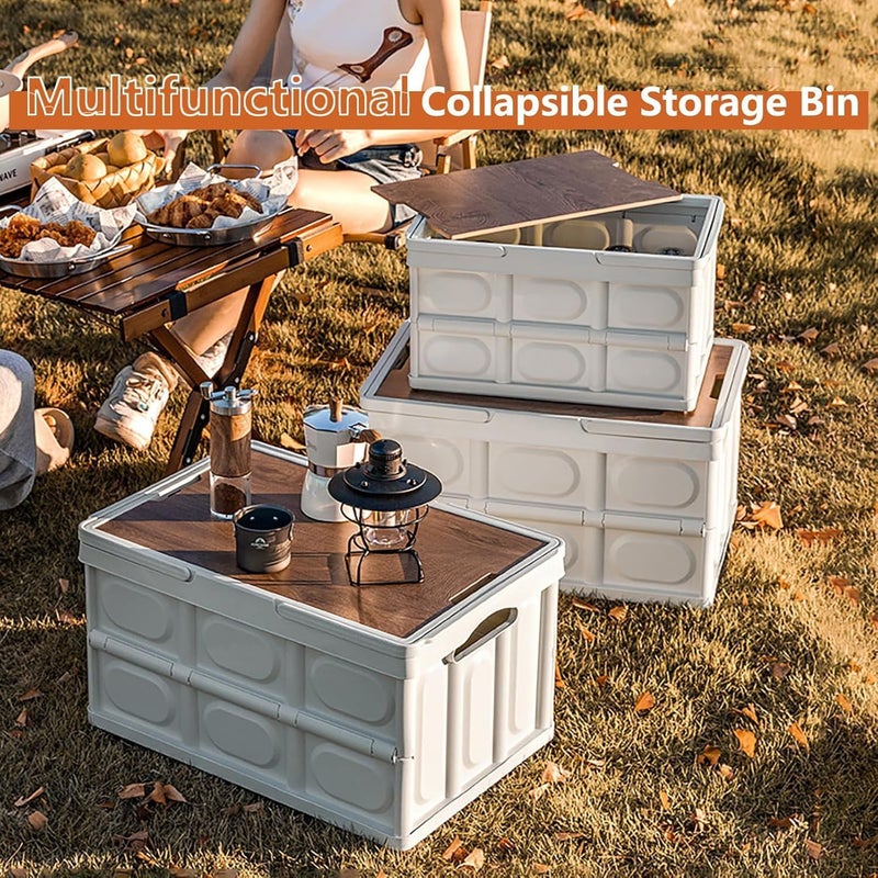 WinCheer Collapsible Storage Box with Handles, Foldable Camping Bin with Wooden Lids Car Trunk Organizer Stackable Container, Folding Basket for Car Outdoor Picnic Home Cabinets Office (Black 30L) - Image 2