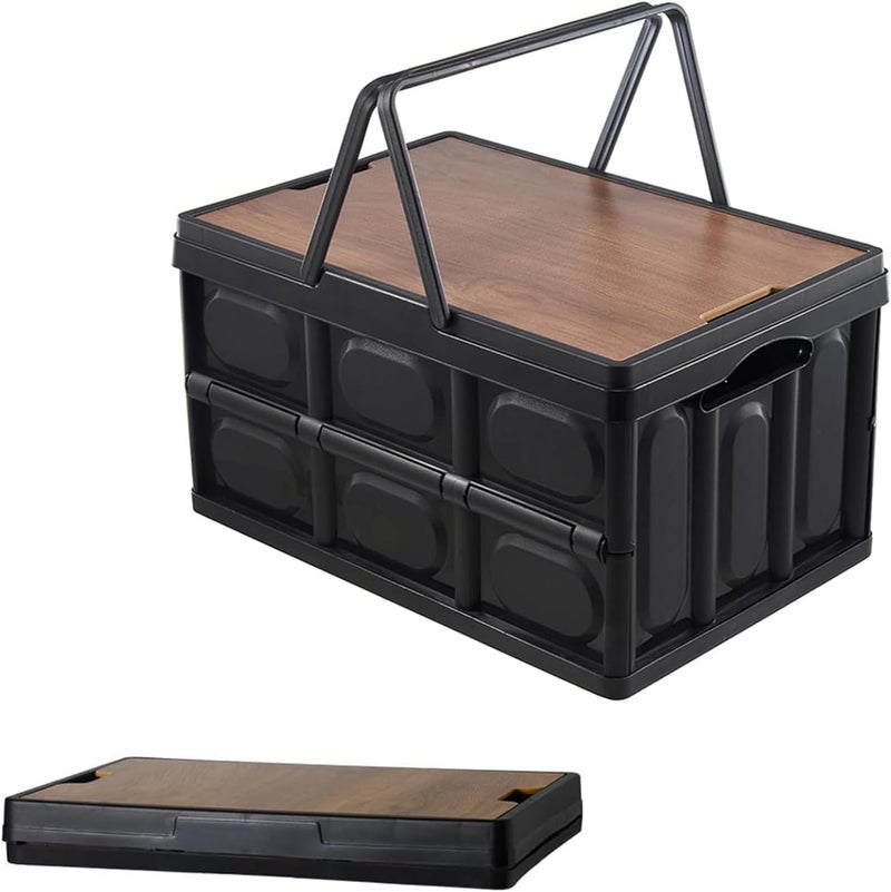 WinCheer Collapsible Storage Box with Handles, Foldable Camping Bin with Wooden Lids Car Trunk Organizer Stackable Container, Folding Basket for Car Outdoor Picnic Home Cabinets Office (Black 30L) - Image 1