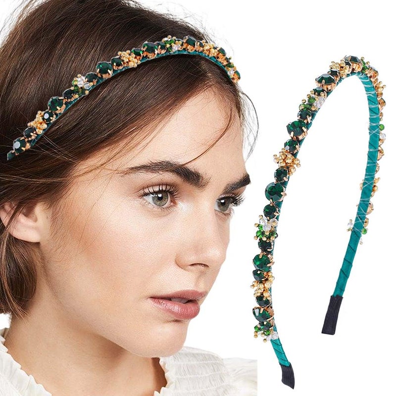 Firuilo Green Rhinestones Headband Emerald Crystal Head Bands Beaded Thin Hair Bands Bride Wedding Party Hair Accessories for Women and Girls Green