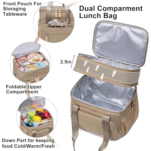 Weitars Insulated Lunch Box for Women Men-Dual Compartment Waterproof Reusable Large Lunch Bag Wide-Open Tote Cooler Bag for Working Picnic Hiking (15L) (Kahki) - Image 4