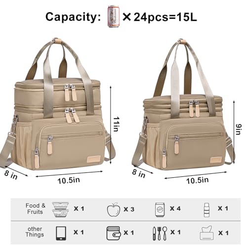 Weitars Insulated Lunch Box for Women Men-Dual Compartment Waterproof Reusable Large Lunch Bag Wide-Open Tote Cooler Bag for Working Picnic Hiking (15L) (Kahki) - Image 3
