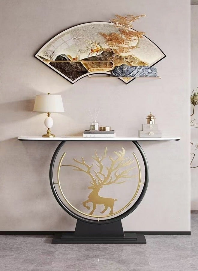 fashionhome Modern Circular Shape Design with Gold Metal Deer Decor Rustproof Rock Slab Tabletop Contemporary Console Table Metal Base Entryway Table Display Table Against the Wall Porch Table Pedestal for Foyer Living Room Home Offices 100x30x80 cm - Image 2