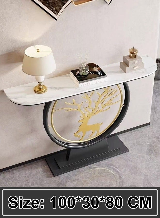 fashionhome Modern Circular Shape Design with Gold Metal Deer Decor Rustproof Rock Slab Tabletop Contemporary Console Table Metal Base Entryway Table Display Table Against the Wall Porch Table Pedestal for Foyer Living Room Home Offices 100x30x80 cm - Image 5